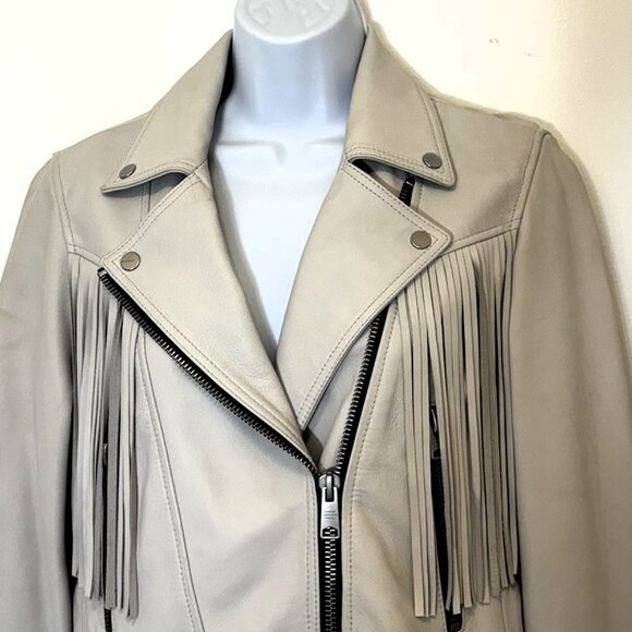 AllSaints Elora Tassel Leather Jacket White Sz 4-6 - Picture 7 of 12